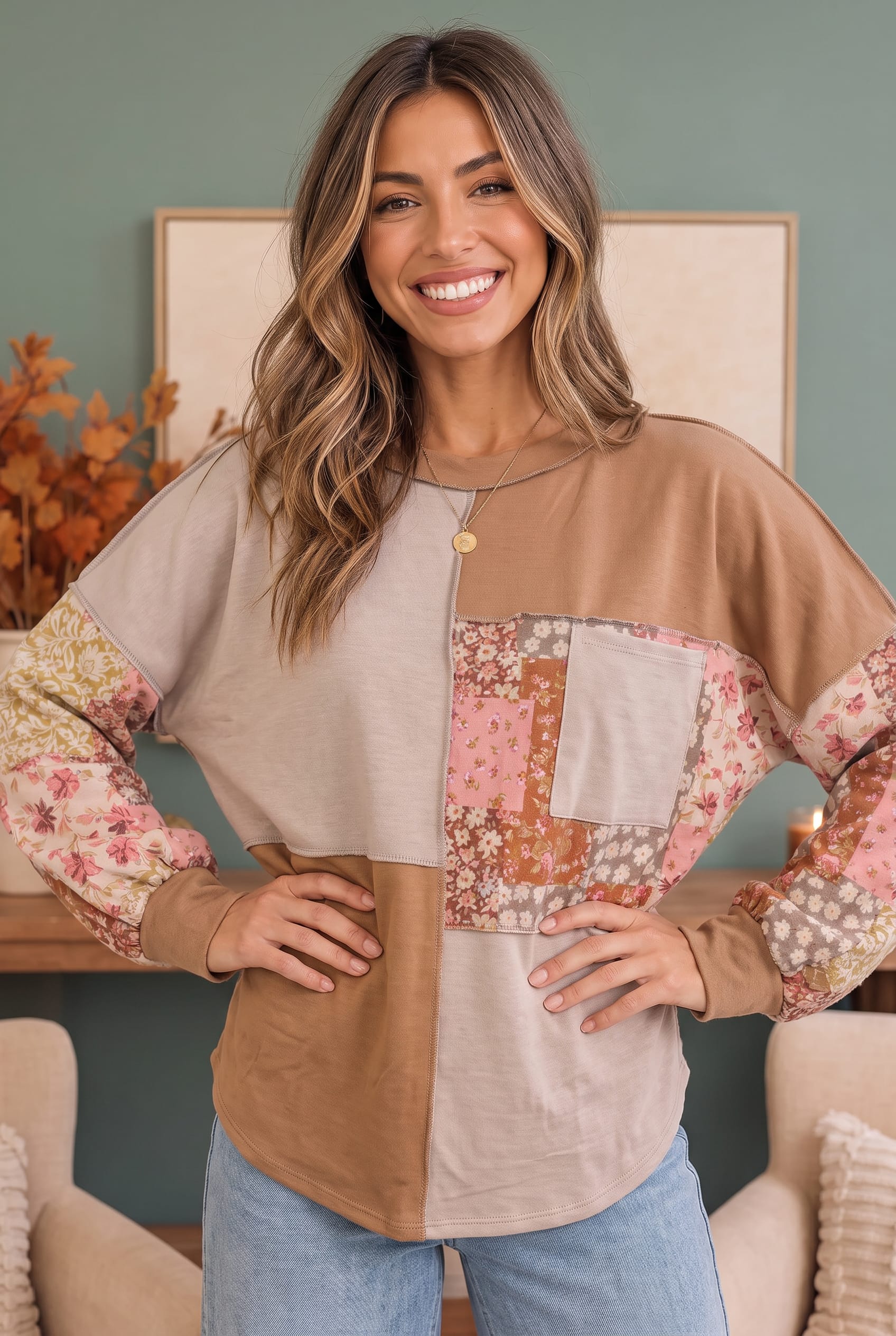 Haptics Neapolitan Patchwork Floral Colorblock Pullover