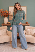 Haptics Plaid About You Mock Neck in Hunter Green