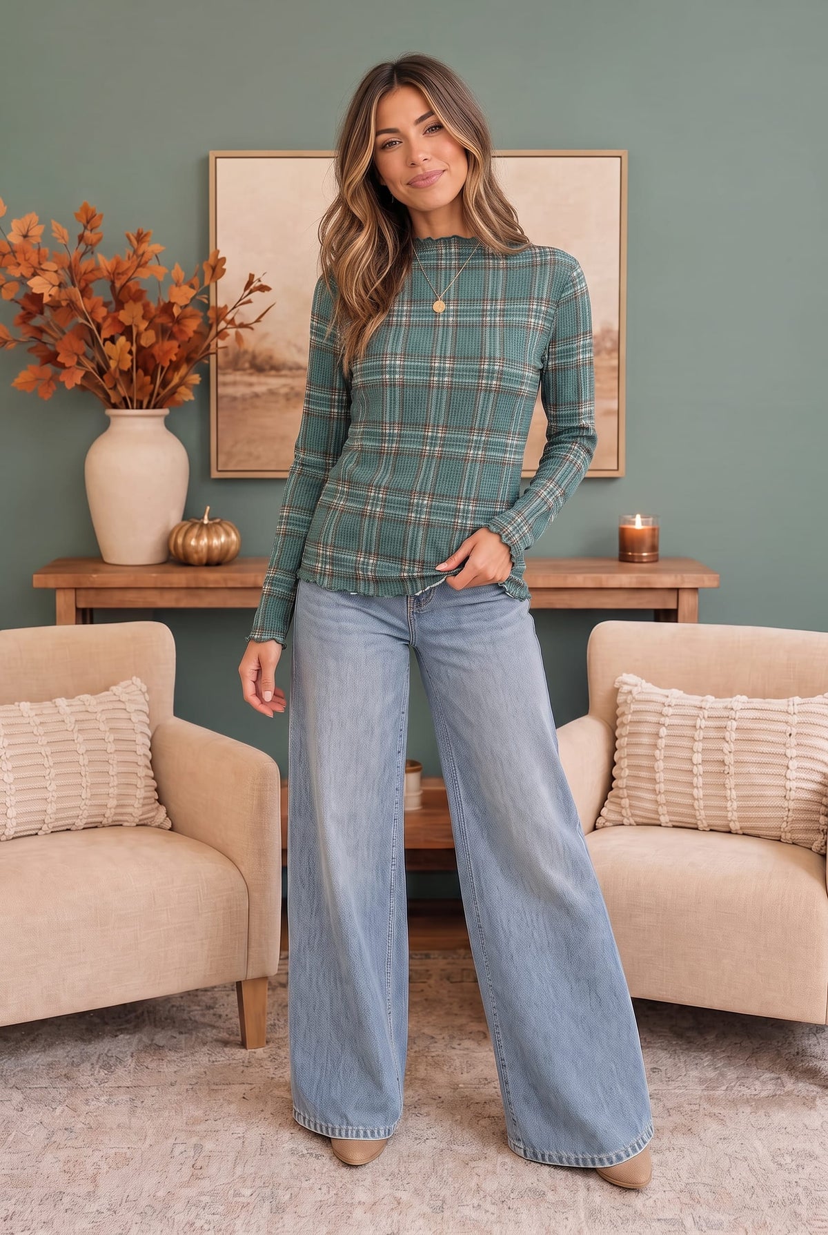 Haptics Plaid About You Mock Neck in Hunter Green