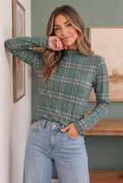 Haptics Plaid About You Mock Neck in Hunter Green