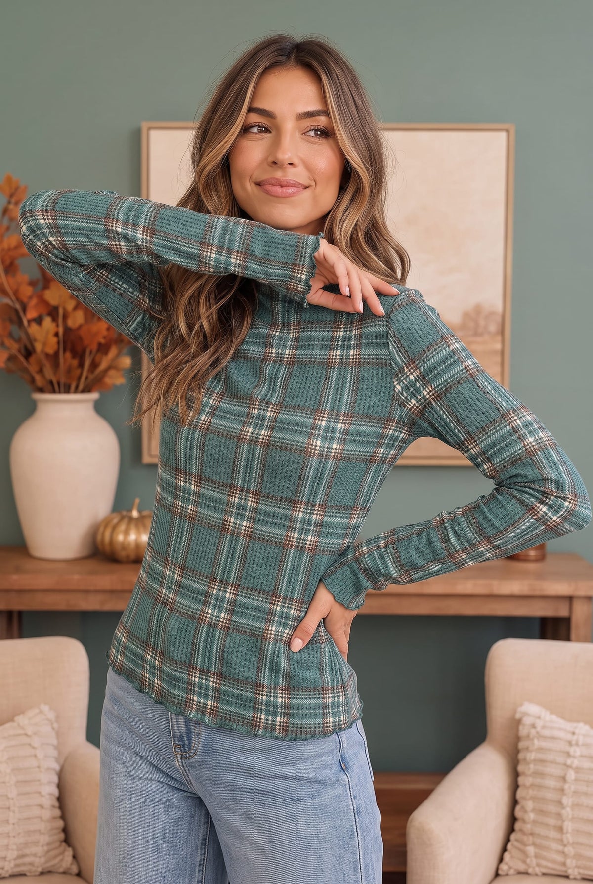 Haptics Plaid About You Mock Neck in Hunter Green