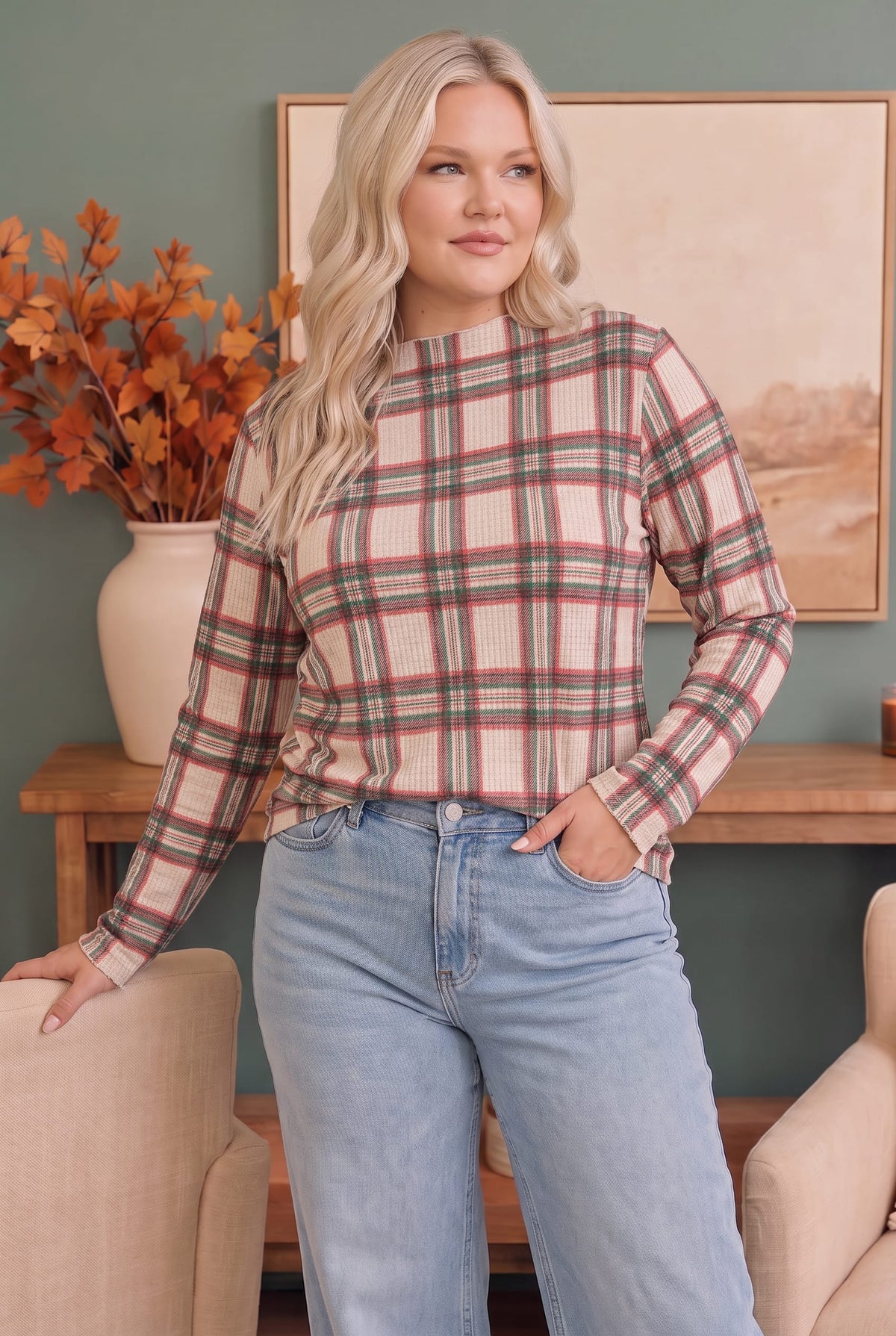 Haptics Plaid About You Mock Neck in Ivory