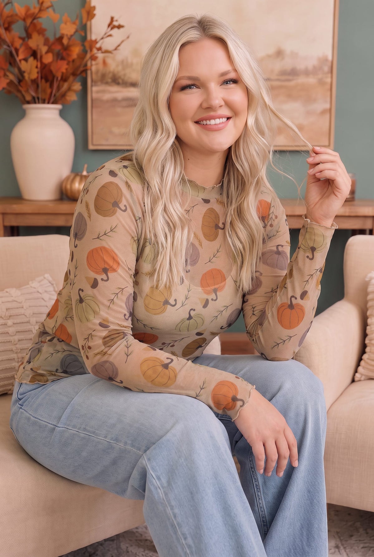 Haptics Pumpkin Patch Pretty Mesh Long Sleeve Top Tops