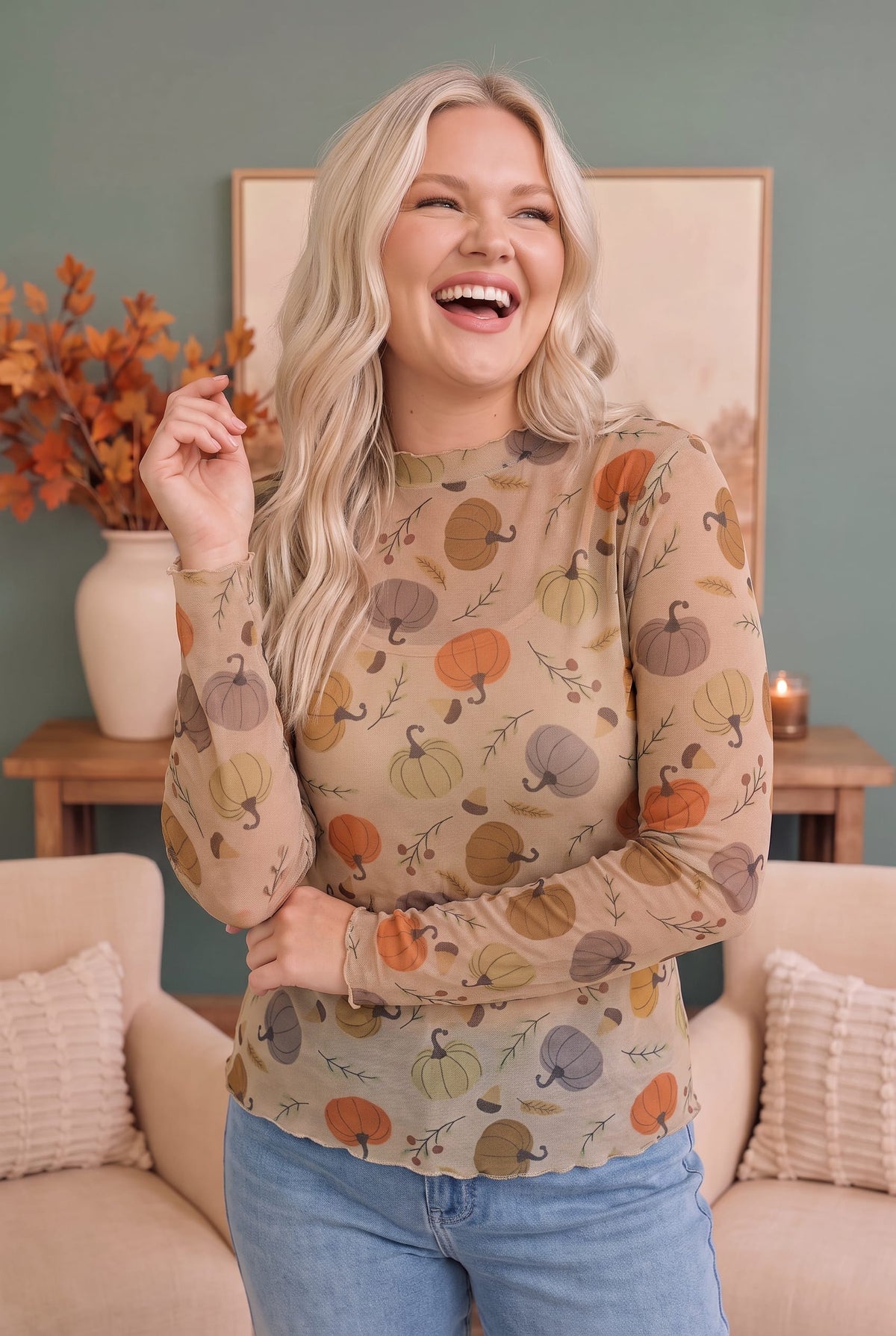 Haptics Pumpkin Patch Pretty Mesh Long Sleeve Top Tops