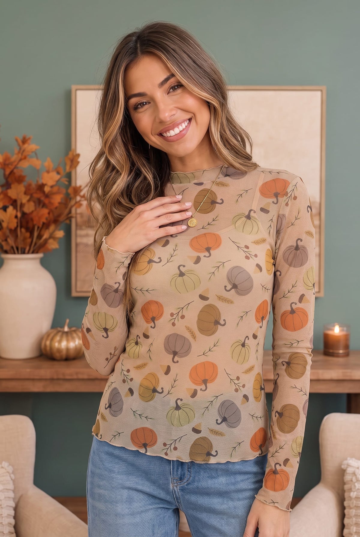 Haptics Pumpkin Patch Pretty Mesh Long Sleeve Top Tops