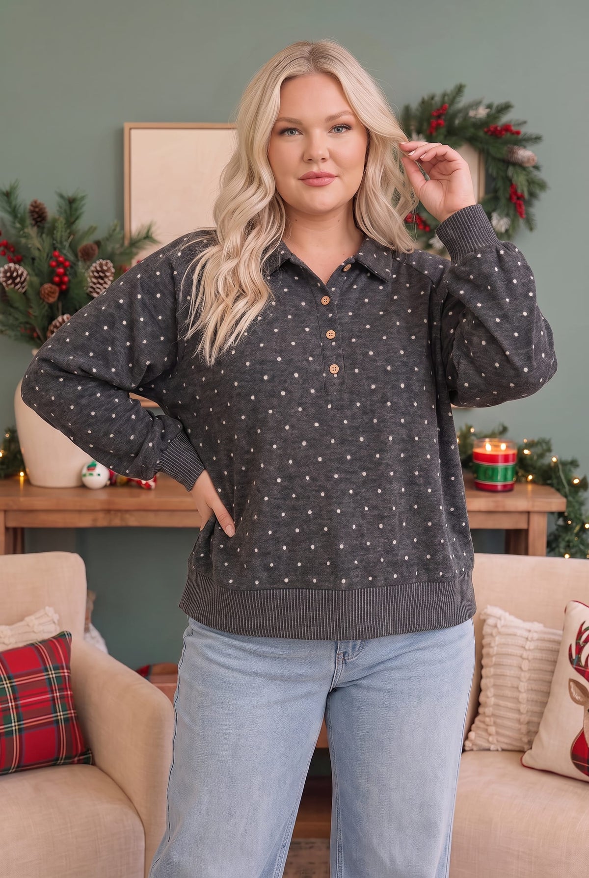 Haptics Cozy Dots and Button Stops Pullover