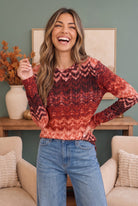 Haptics Zigzag Into Fall Burgundy Long Sleeve Top