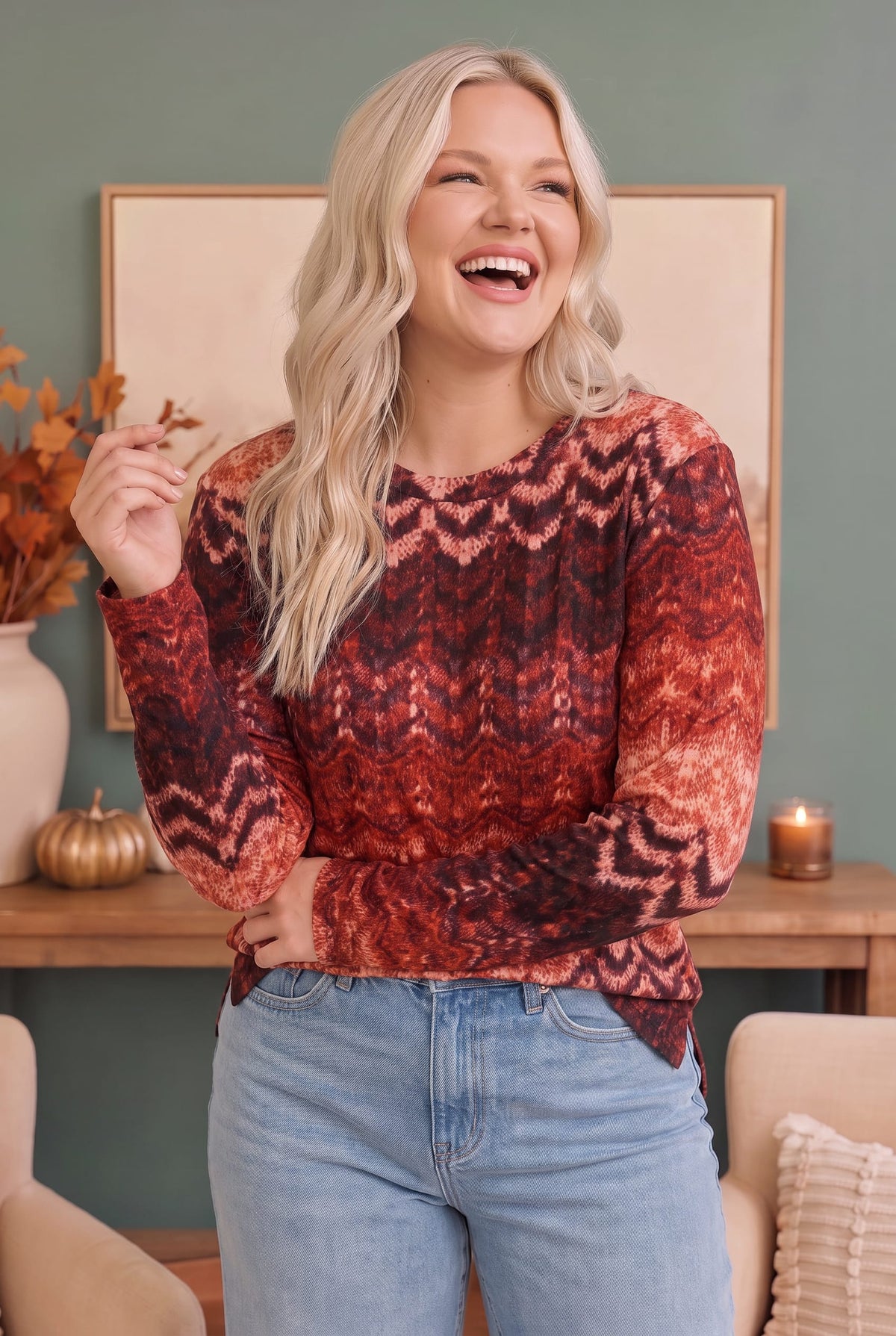 Haptics Zigzag Into Fall Burgundy Long Sleeve Top