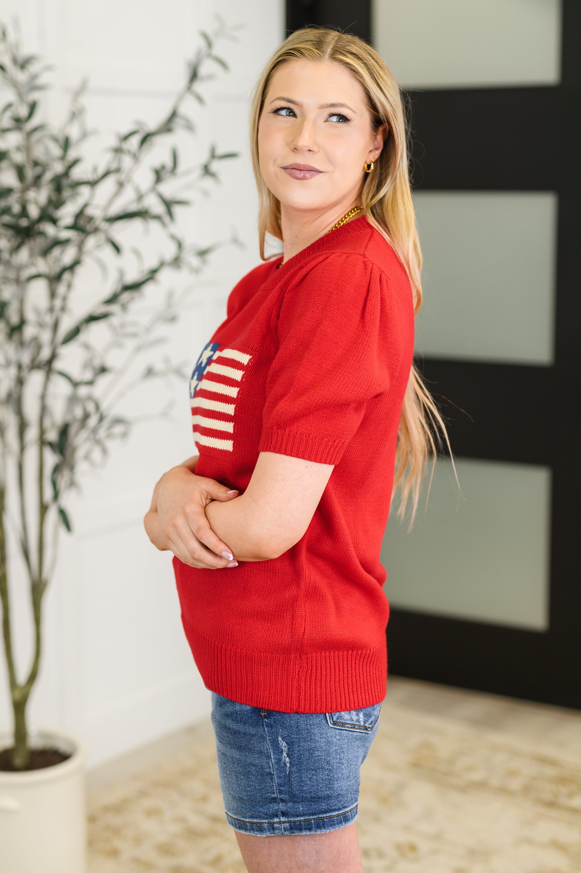 Haptics Hand Over Heart Graphic Knit Top in Red Womens