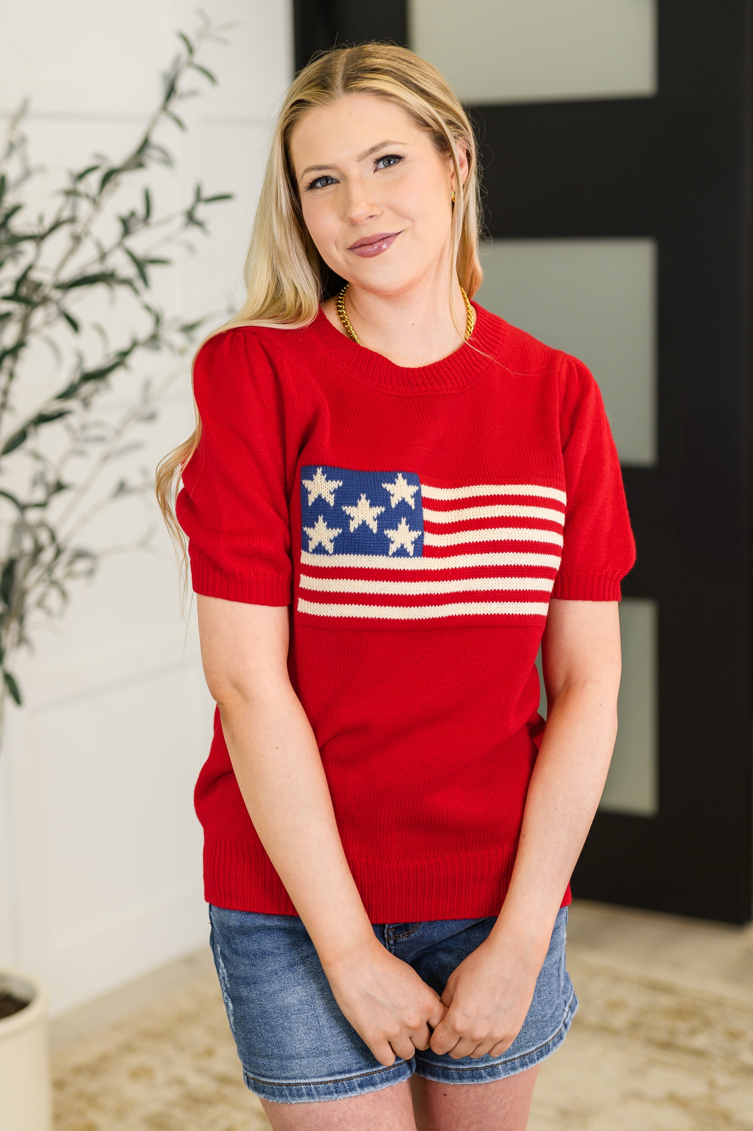 Haptics Hand Over Heart Graphic Knit Top in Red Womens