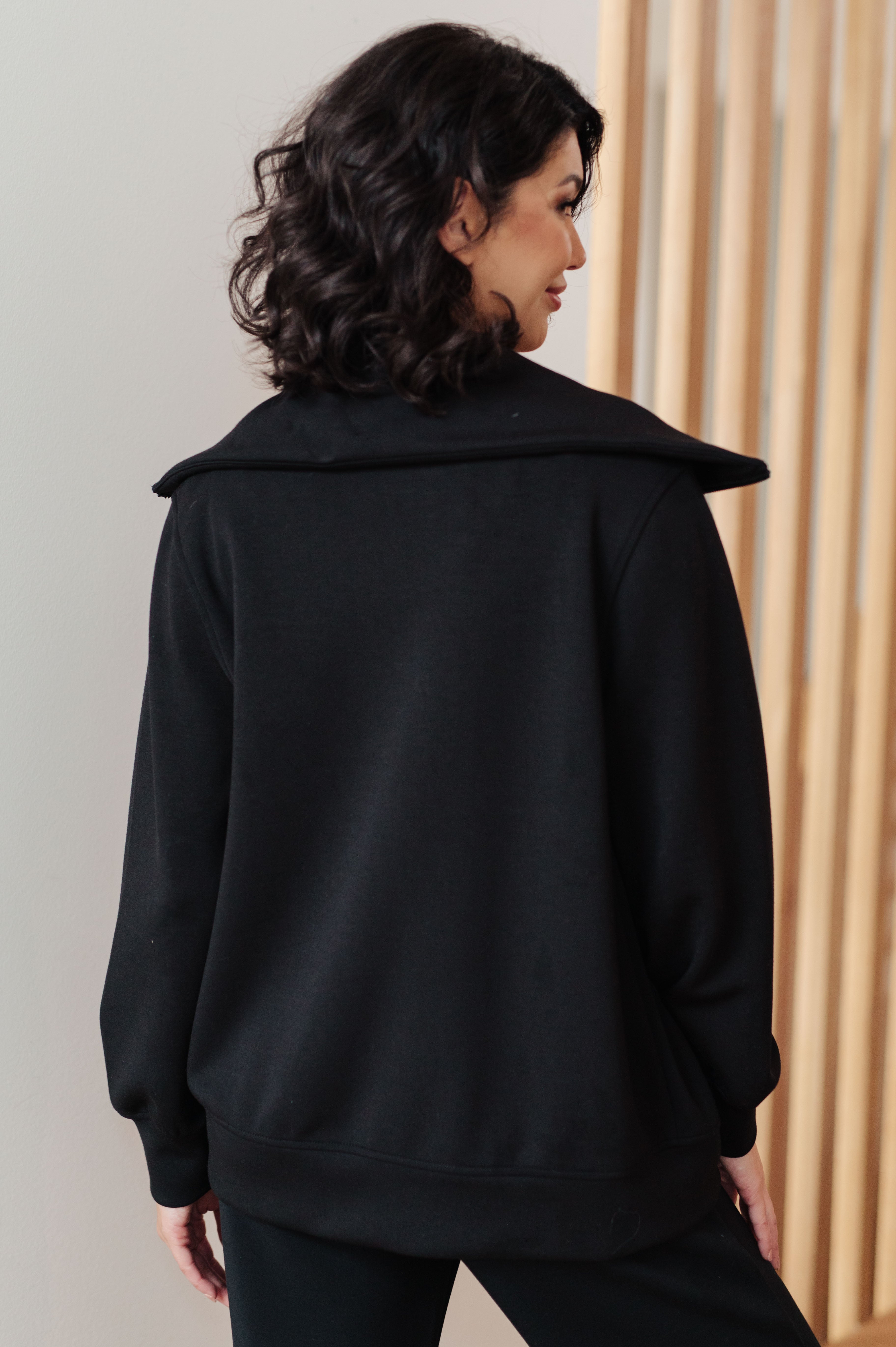 Rae Mode Handle That Micro Modal Scuba Knit High Neck Zip Up Black Jacket Layers