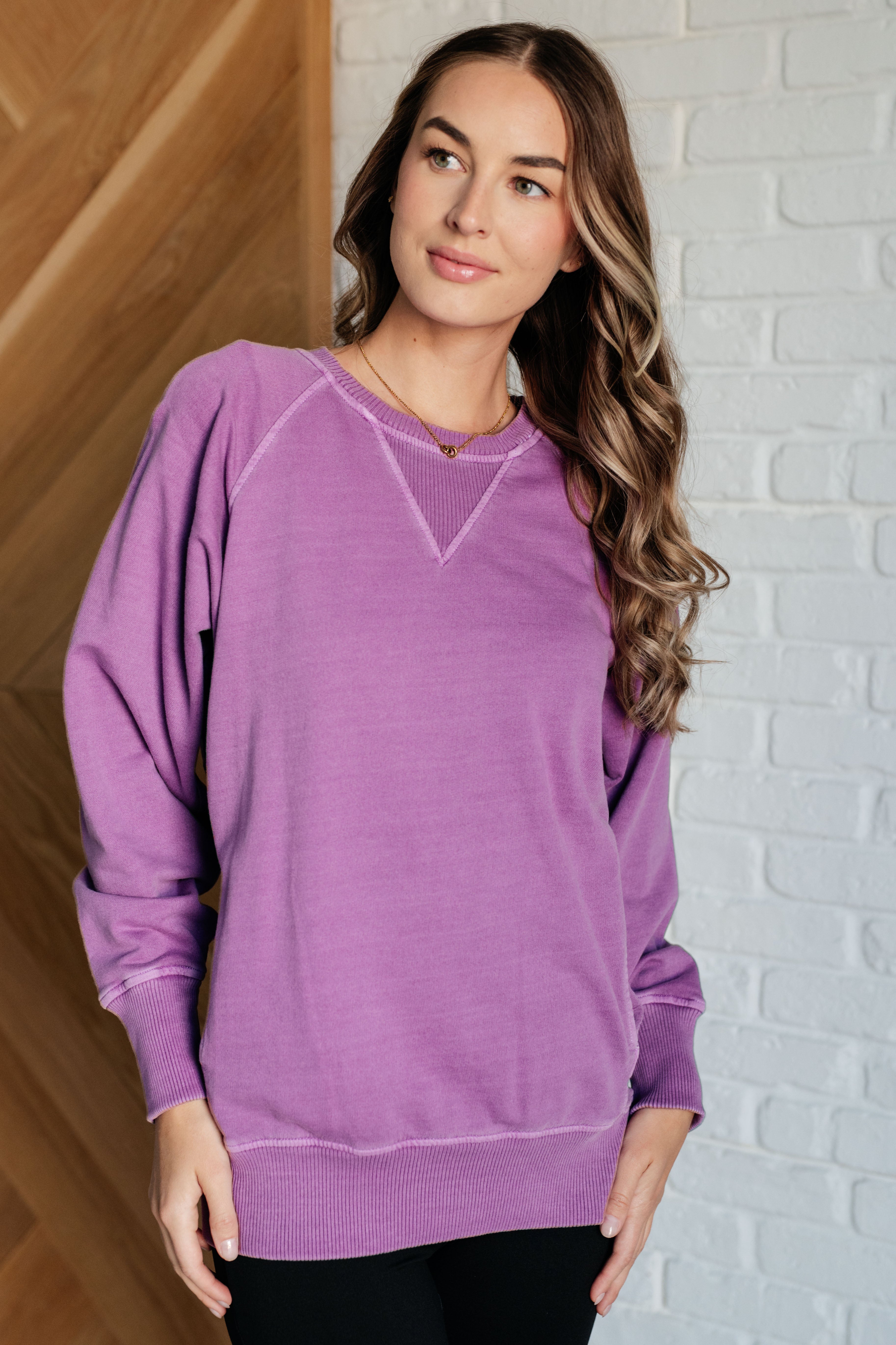 Zenana Hands Down Favorite Acid Washed Sweatshirt in Light Plum Shirts & Tops