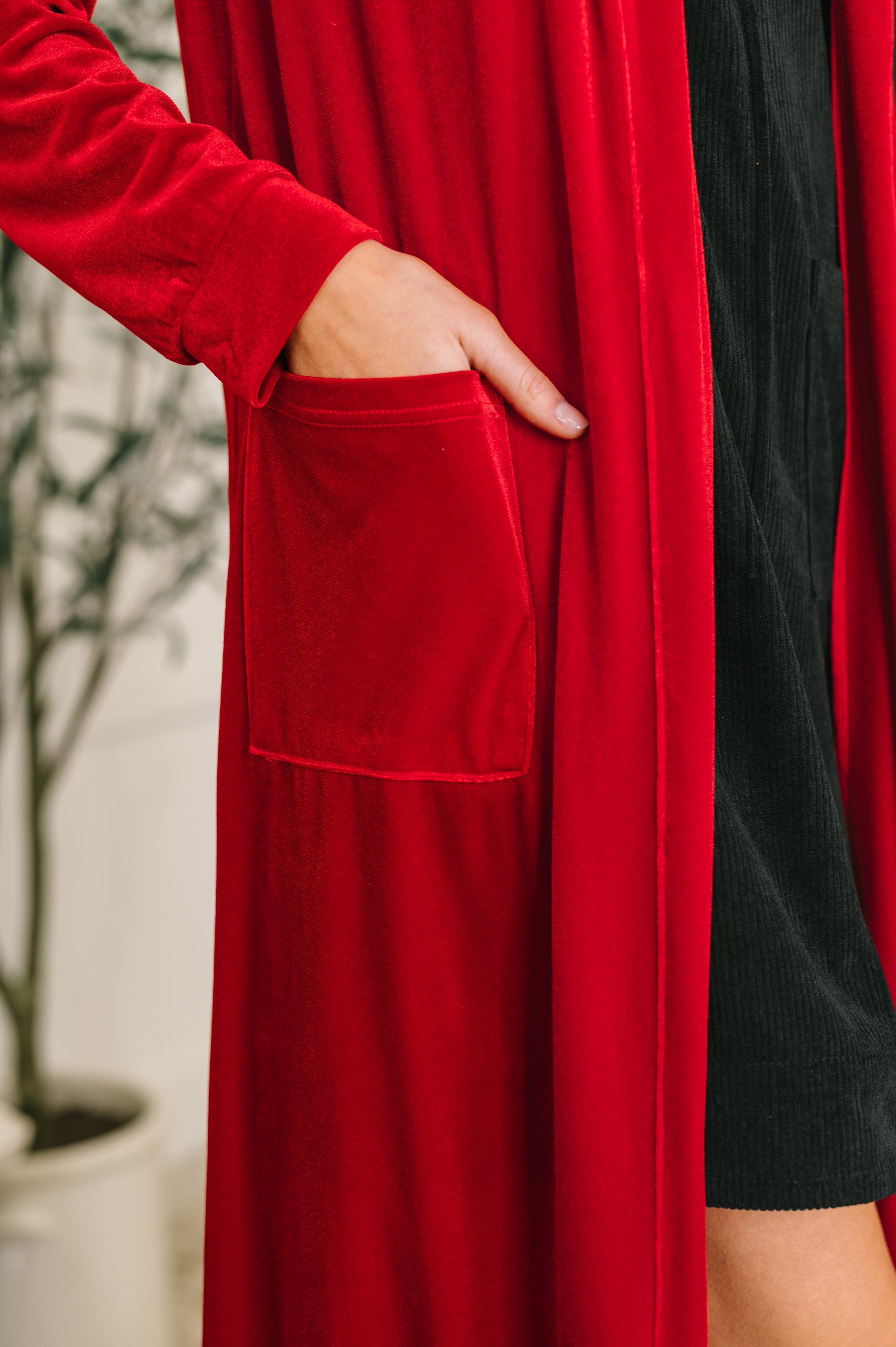 One Eleven North Happy Hours Long Red Velvet Cardigan Womens