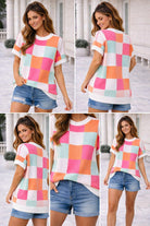 Haptics Dolman Short Sleeve Checker Sweater Knit Top