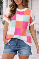 Haptics Dolman Short Sleeve Checker Sweater Knit Top