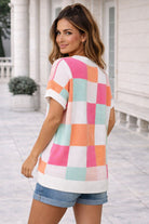 Haptics Dolman Short Sleeve Checker Sweater Knit Top