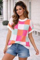 Haptics Dolman Short Sleeve Checker Sweater Knit Top