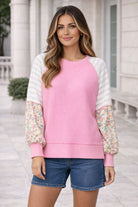 Haptics Raglan Rib Stripe Floral Color Block Knit Top