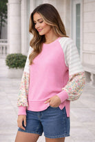 Haptics Raglan Rib Stripe Floral Color Block Knit Top