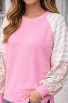 Haptics Raglan Rib Stripe Floral Color Block Knit Top