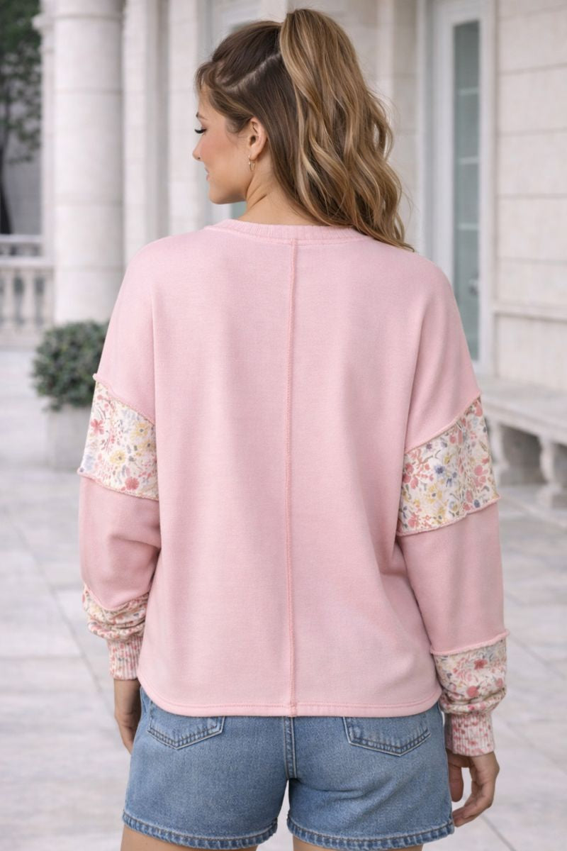 Haptics Round Neck Floral Color Block Pullover