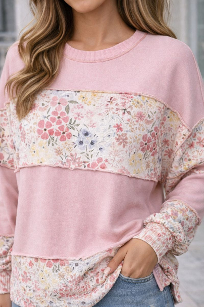 Haptics Round Neck Floral Color Block Pullover