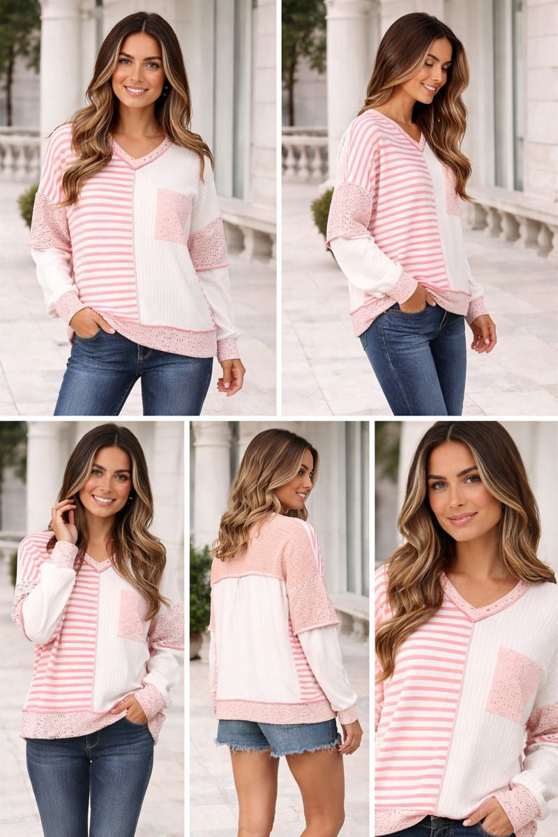 Haptics V-Neck Eyelet Color Block Pullover Top