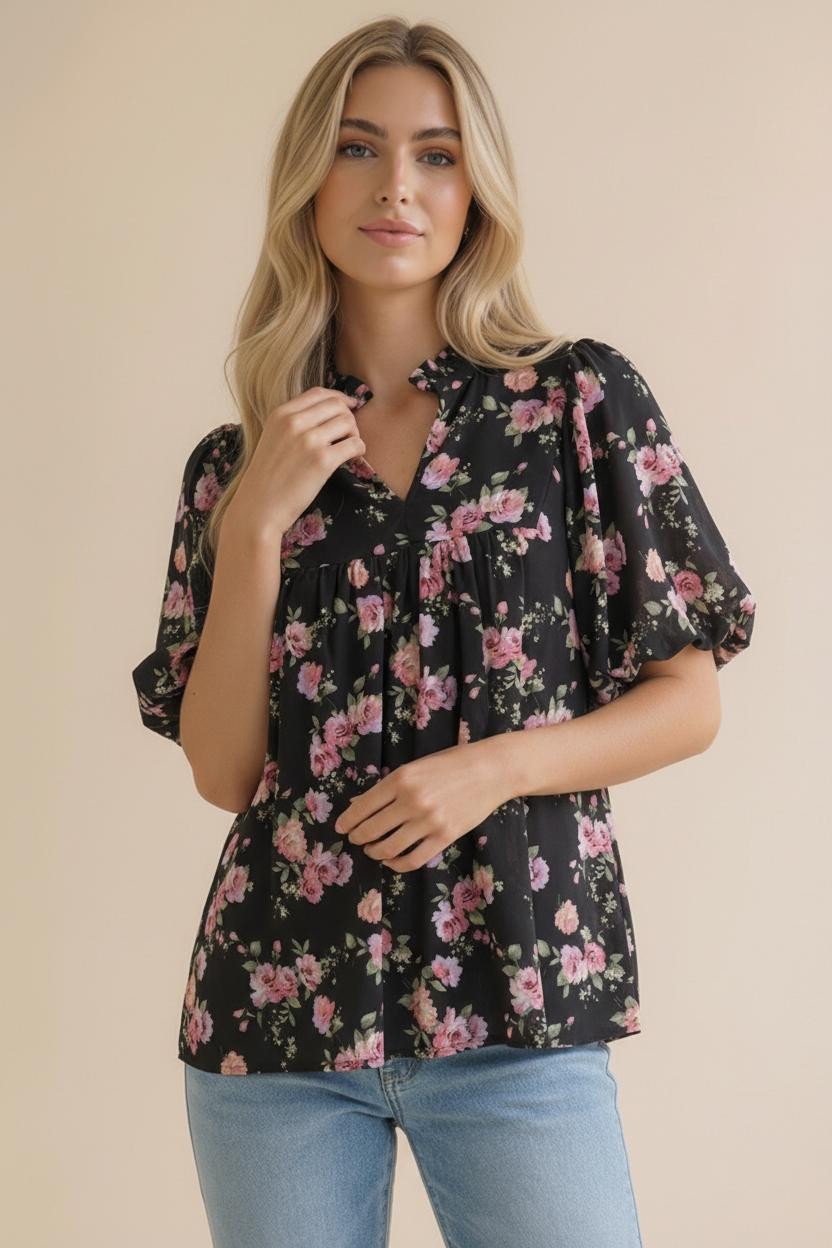 Haptics Ivory Frilled Notch Neck Floral Woven Blouse Top