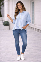 Haptics Blue Collared Button Down Babydoll Peplum Shirt