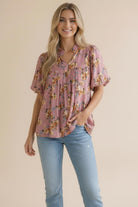 Haptics Dusty Rose Frilled Notch Neck Floral Woven Blouse Top