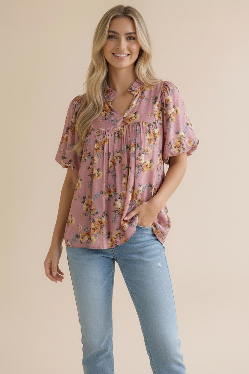 Haptics Dusty Rose Frilled Notch Neck Floral Woven Blouse Top