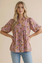 Haptics Dusty Rose Frilled Notch Neck Floral Woven Blouse Top