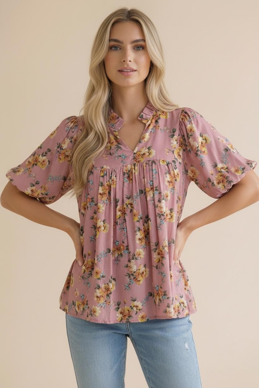 Haptics Dusty Rose Frilled Notch Neck Floral Woven Blouse Top