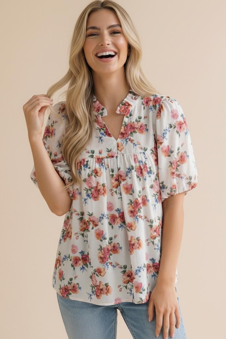 Haptics Ivory Frilled Notch Neck Floral Woven Blouse Top