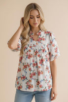 Haptics Ivory Frilled Notch Neck Floral Woven Blouse Top