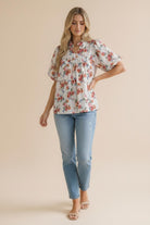 Haptics Ivory Frilled Notch Neck Floral Woven Blouse Top