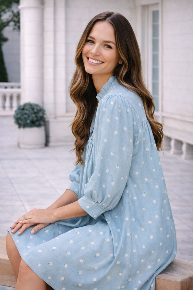 Haptics Light Blue Frilled Notch Neck Floral Linen Shift Dress