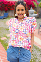 Haptics Beautiful You Ivory Floral Lace Frill Notch Neck Puff Sleeve Top 2025 Summer-Blow Out Sale