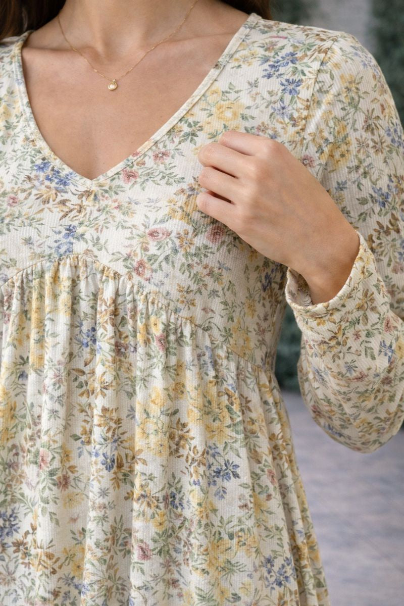 Haptics V-Neck Babydoll Long Sleeve Floral Knit Dress