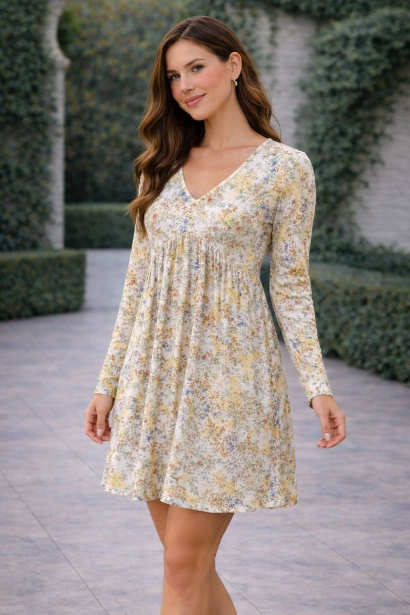 Haptics V-Neck Babydoll Long Sleeve Floral Knit Dress