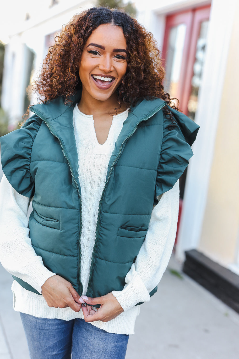 Haptics Feeling Festive Hunter Green Zipper Up Quilted Ruffle Sleeve Puffer Vest Shirts & Tops