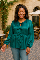 Haptics Babydoll Teal With Front Ribbon Bow Tie Blouse