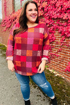 Haptics Burgundy Long Sleeve Checker Plaid Soft Hacci Knit Top
