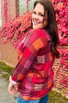 Haptics Burgundy Long Sleeve Checker Plaid Soft Hacci Knit Top