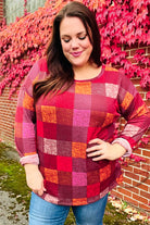 Haptics Burgundy Long Sleeve Checker Plaid Soft Hacci Knit Top