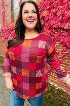 Haptics Burgundy Long Sleeve Checker Plaid Soft Hacci Knit Top