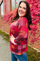 Haptics Burgundy Long Sleeve Checker Plaid Soft Hacci Knit Top