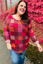 Haptics Burgundy Long Sleeve Checker Plaid Soft Hacci Knit Top