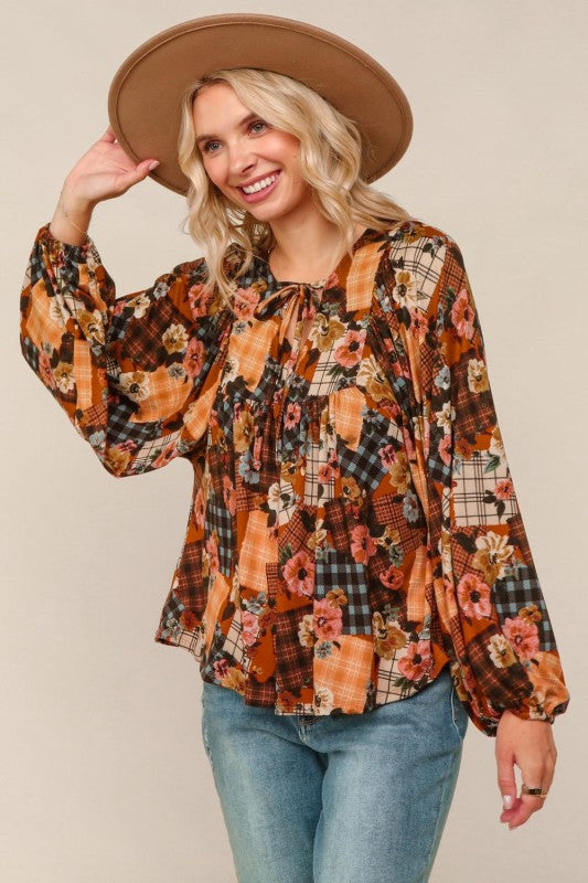 Haptics Burnt Orange V Neck Floral Patchwork Print Long Sleeve Blouse
