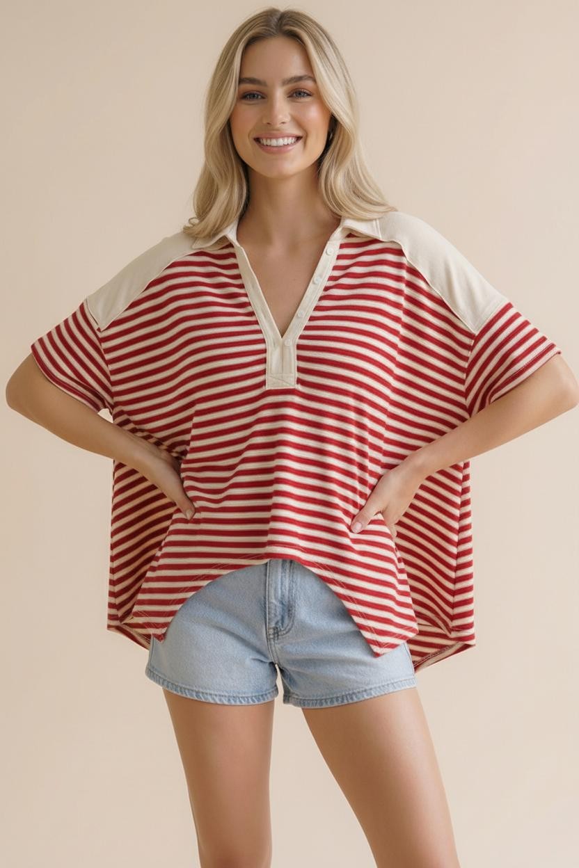 Haptics Collared Notch Neck Red Stripe Color Block Top